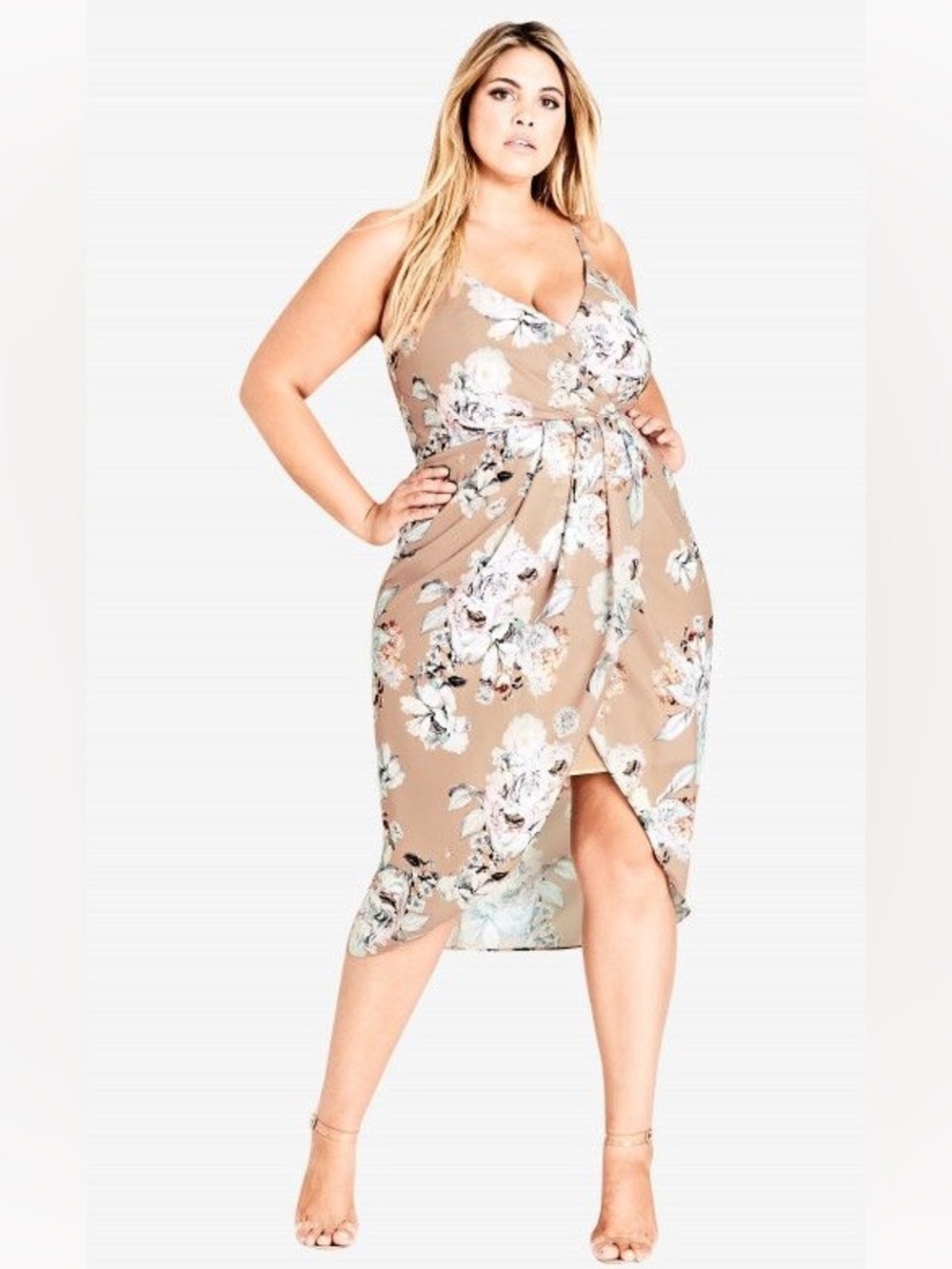 City Chic Plus Size Paper Floral Print Faux Wrap Dress Sz 18